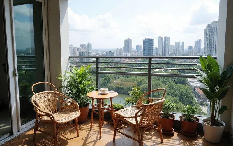 A modern condominium building homestay unit with a balcony overlooking a Malaysian town