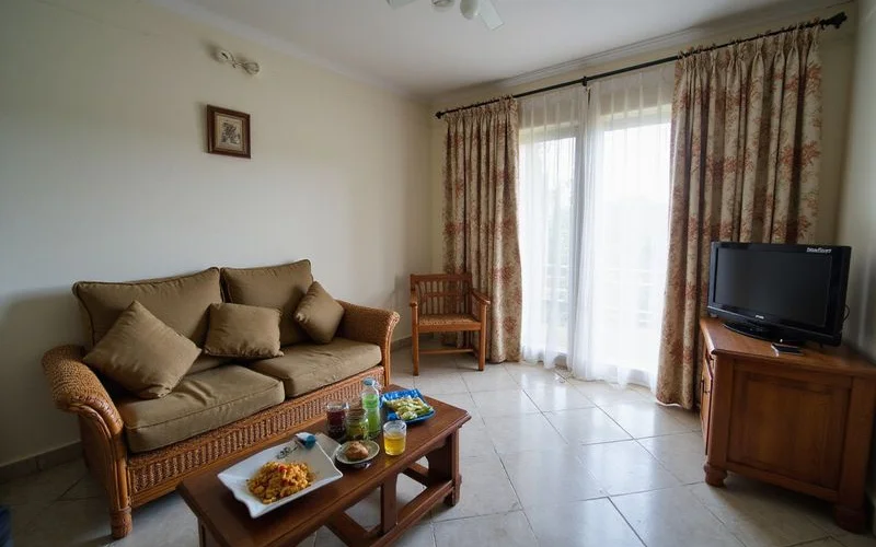 A tidy, simply furnished budget homestay living room with a sofa and small dining table