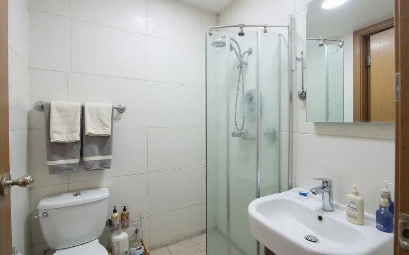 Close-up of a freshly cleaned homestay bathroom with clean towels and toiletries neatly arranged