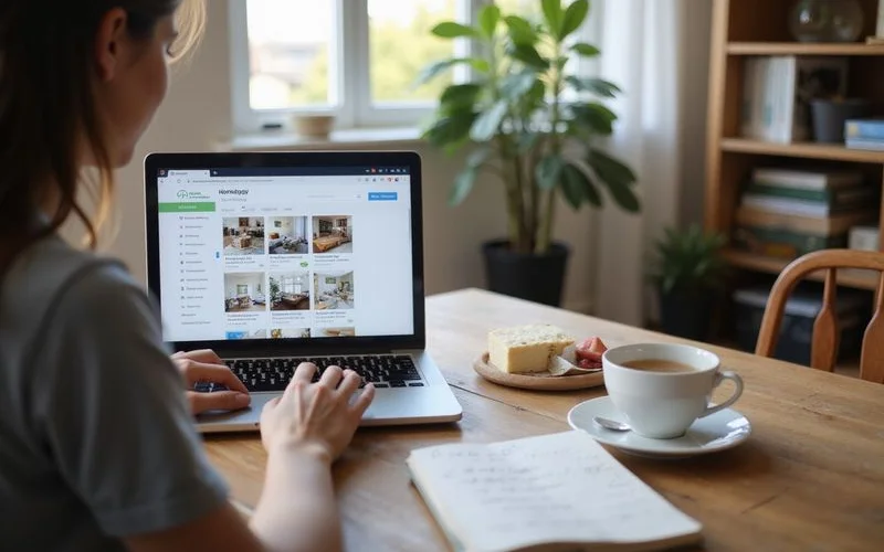 A first-time traveller looking at a laptop screen comparing homestay listings at a table