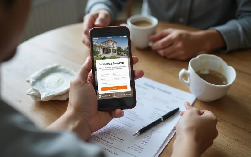 A guest reviewing a homestay booking confirmation on a phone with a packed travel bag nearby
