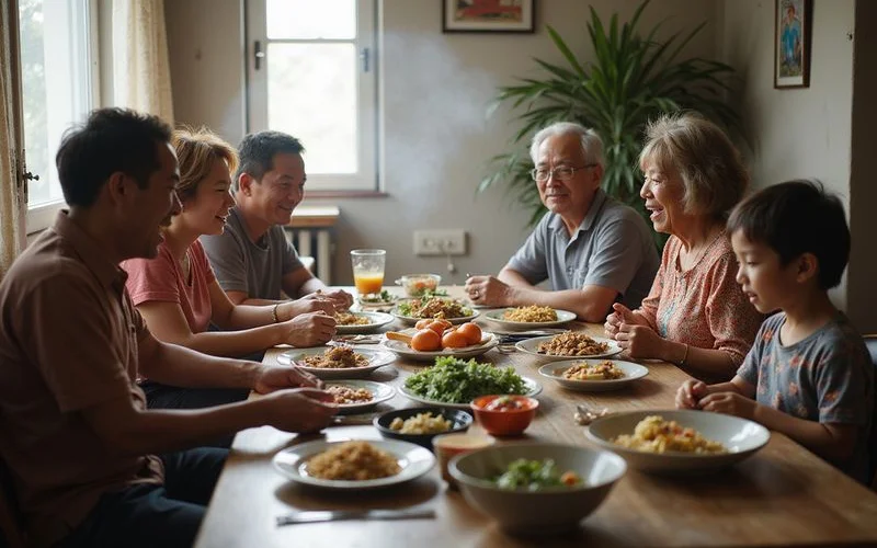 An extended family sitting together at an outdoor dining table at a Malaysian homestay, spanning grandparents, parents and children