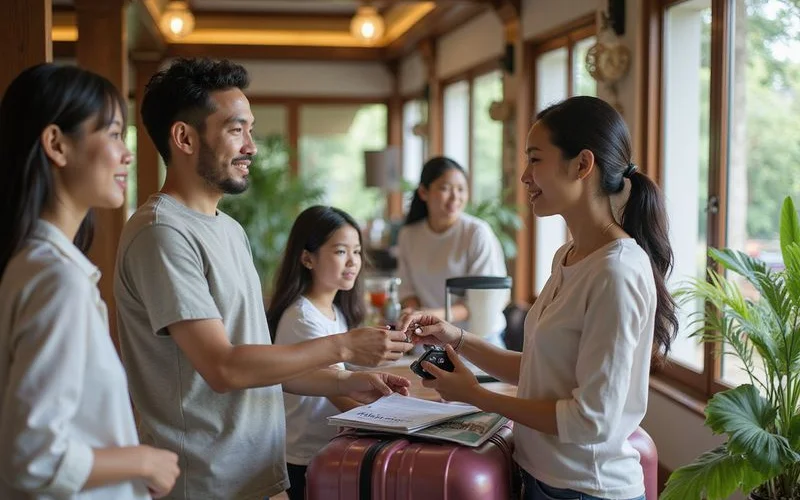 A Malaysian family checking in at the entrance of a homestay property with luggage, greeted warmly by the host in daylight