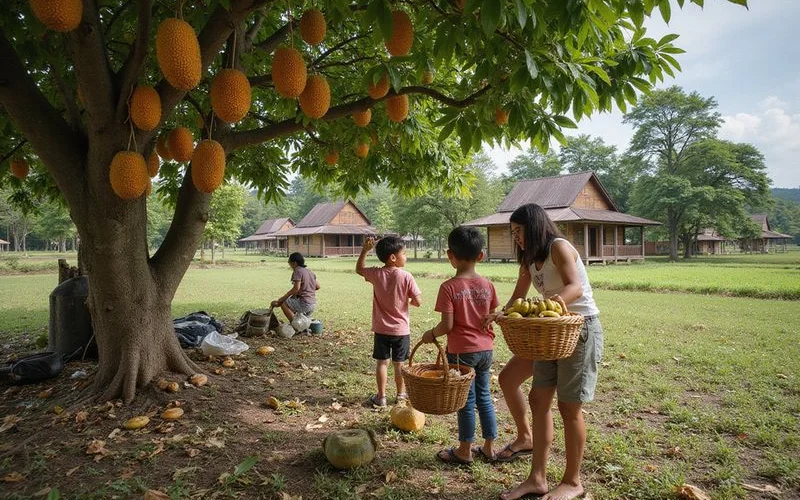 A family picking fruit together at a farm stay homestay in rural Perak with greenery and fruit trees around them