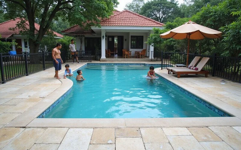 A shallow, fenced private pool at a family homestay with pool floats and clear water