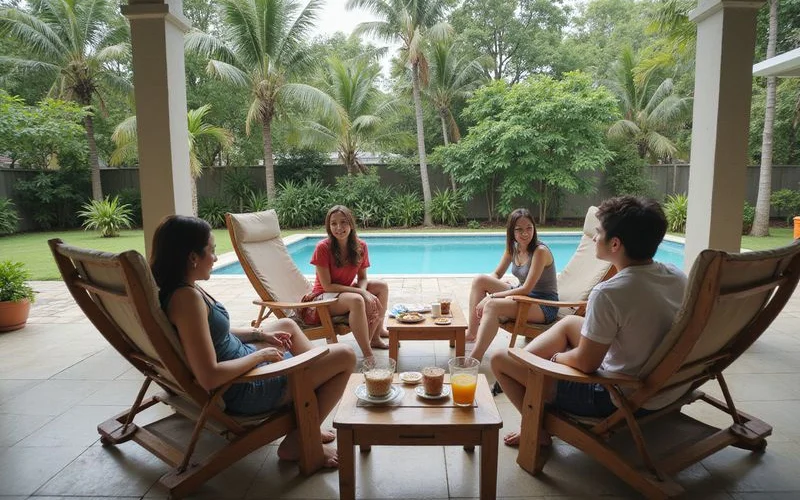 A group of friends relaxing together on a terrace at a villa homestay with drinks and a scenic view