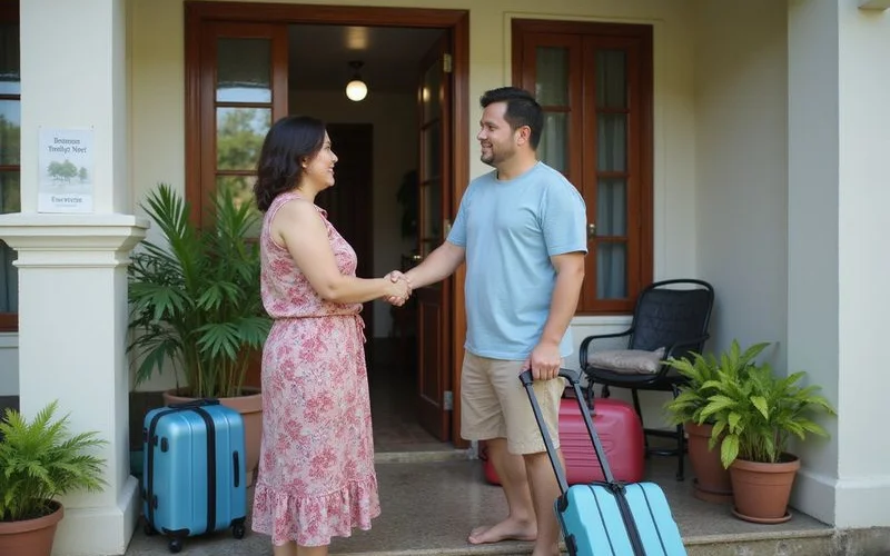 A homestay host handing over keys to a guest at the front door of a Malaysian house