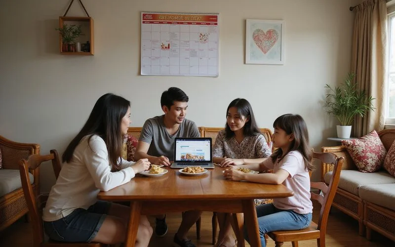 A calendar with school holiday dates circled next to a laptop showing homestay search results
