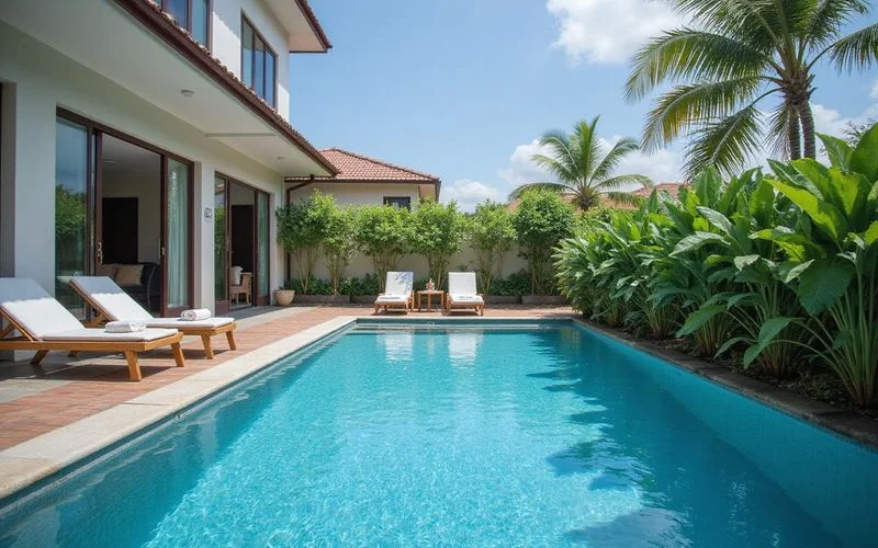 A private swimming pool at a Malaysian homestay villa with sun loungers and a covered dining area beside it