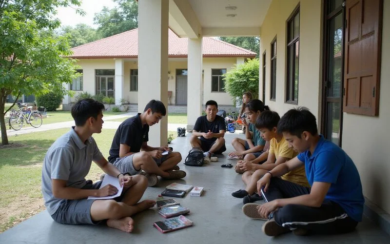 A group of students gathered in a communal outdoor area at a homestay with backpacks and a teacher supervising